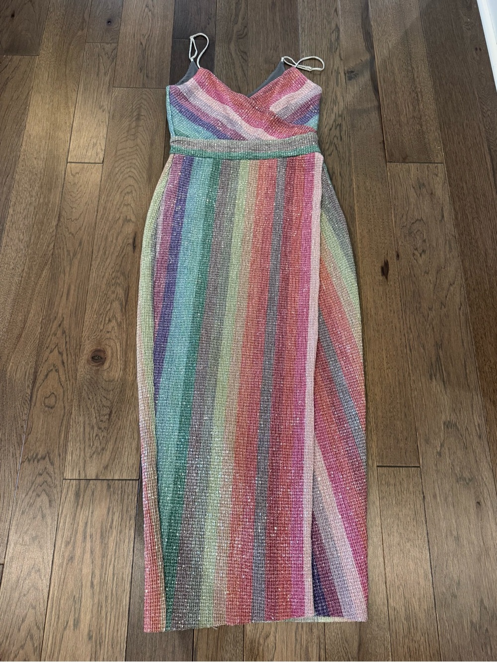 SAYLOR Iridescent Multicolor Striped Wrap Midi Dress - Picture 2 of 8